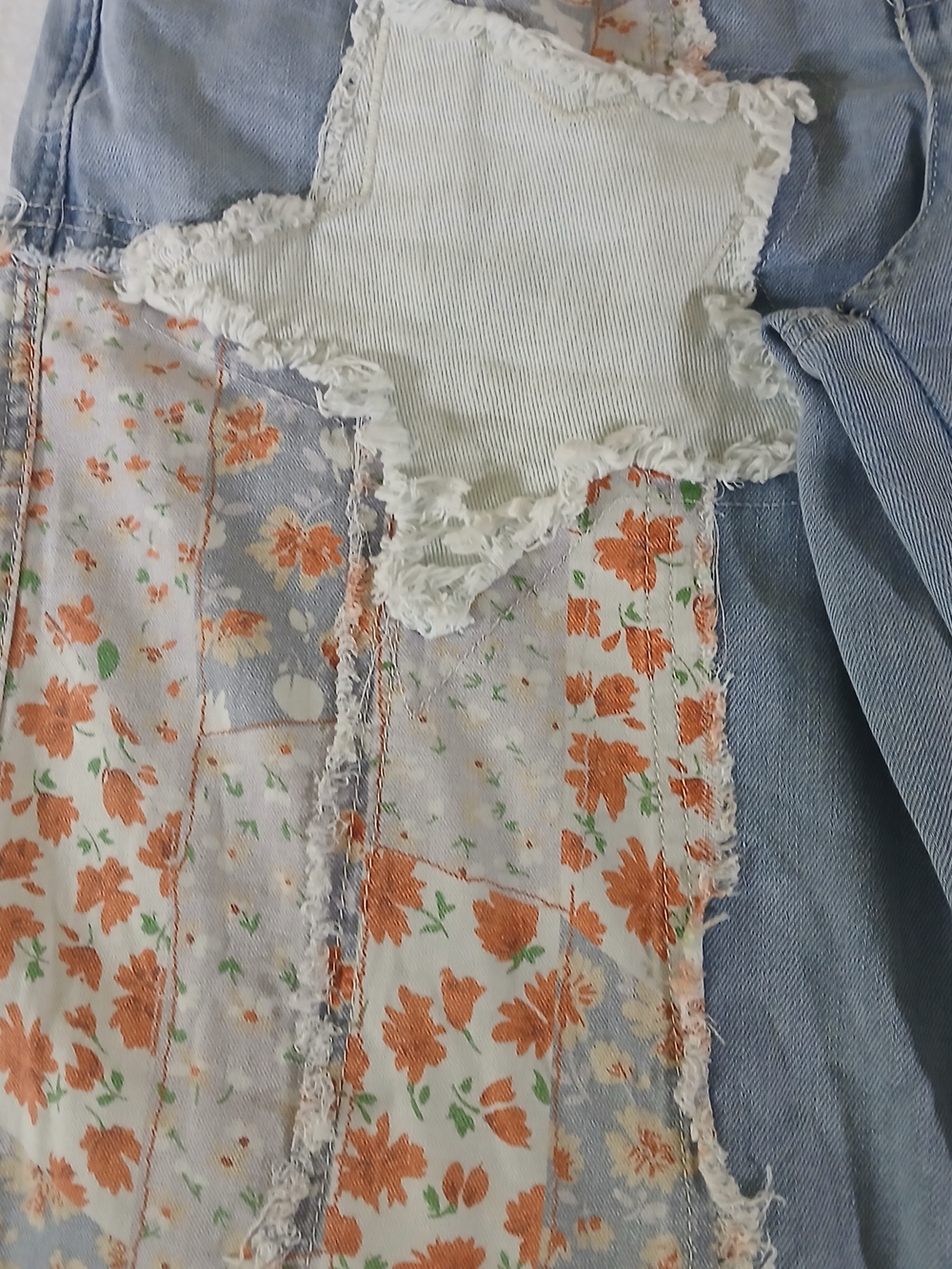 POL Light Wash Patchwork Flare Jeans with Orange Floral & Cream Crochet - Picture 2 of 8